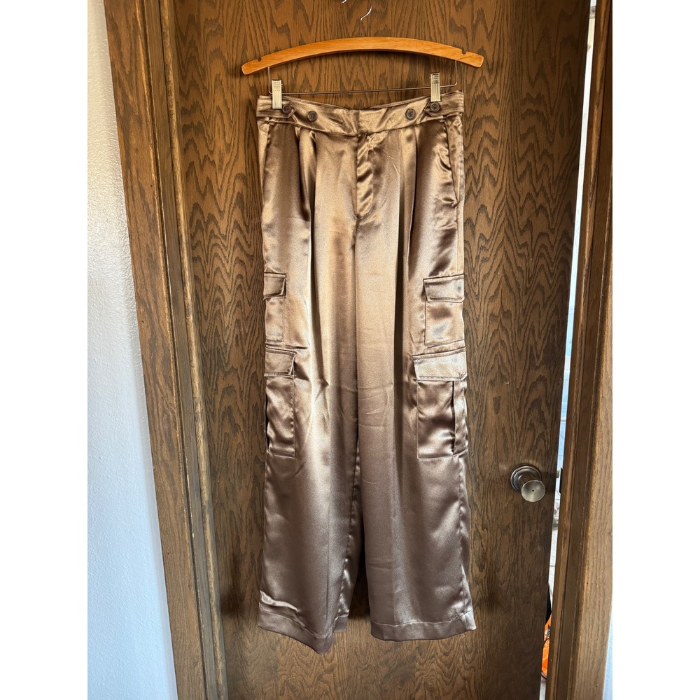 A New Day Bronze Satin Cargo Pants Wide Leg High Rise Metallic Champagne Size 6